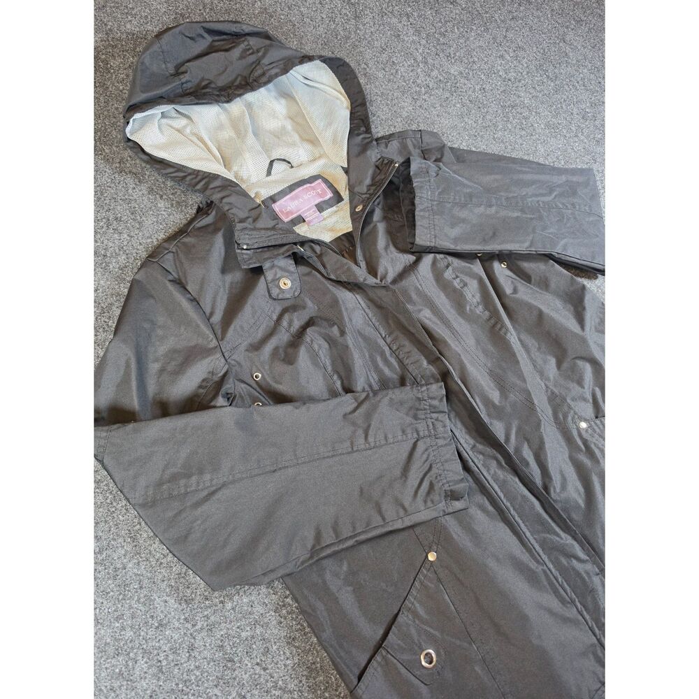 Laura Scott Rain Jacket Womens Large Black Hooded Lined Utility Coat Zip Snap